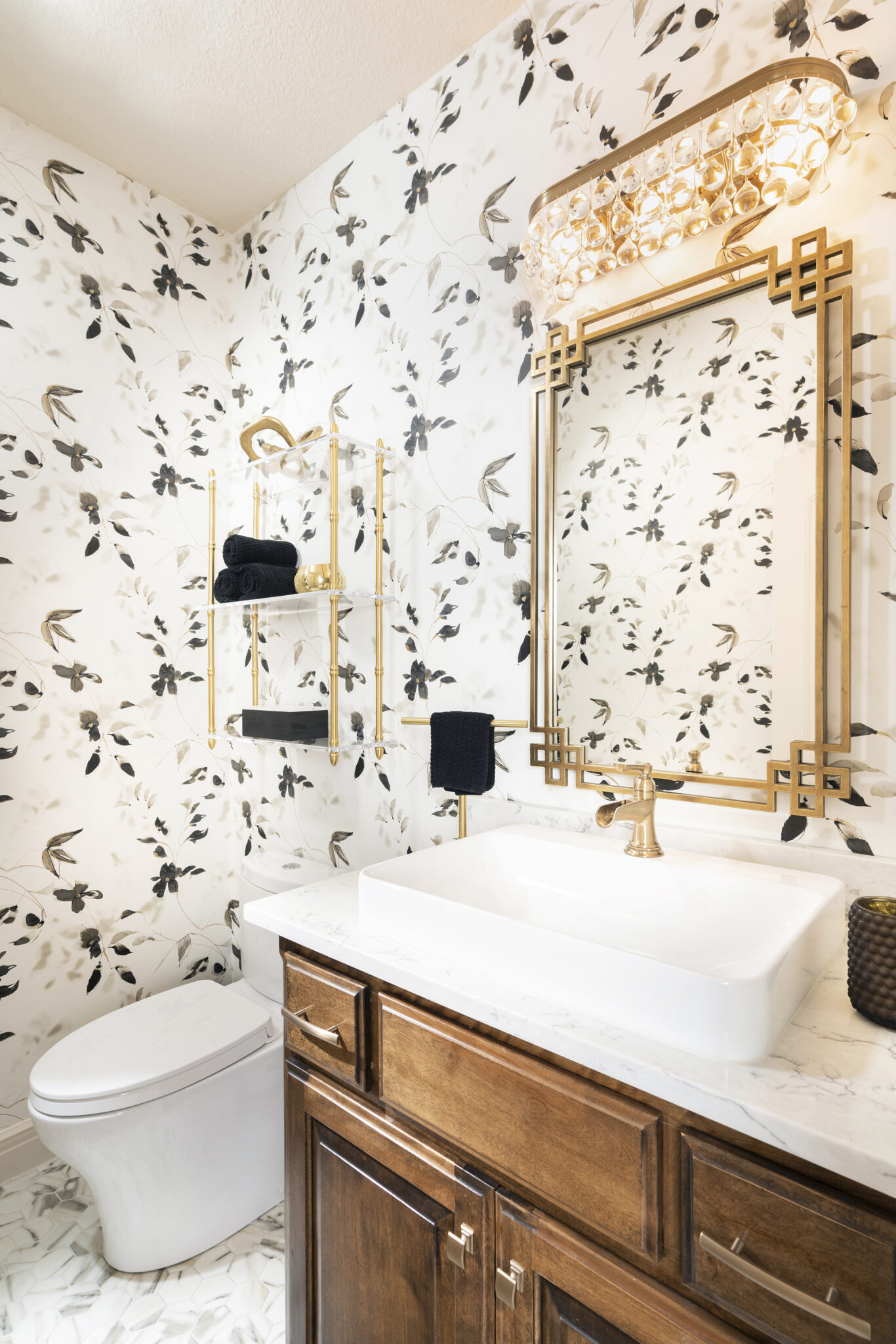 Black and White Floral Wallpaper in Bathroom